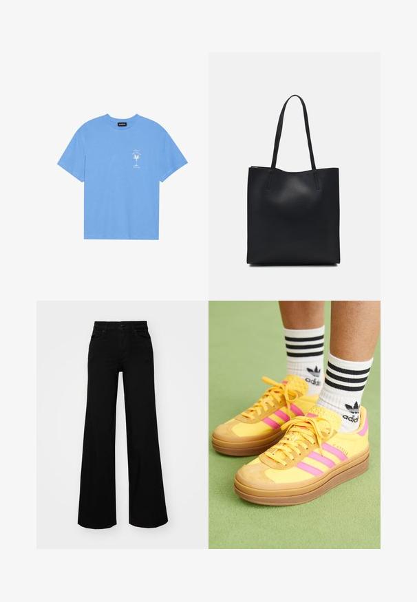 Light blue cotton t-shirt with a round neckline. Features a white graphic of a palm tree and text on the left chest area. Short sleeves.; Black wide-leg pants made of denim, featuring a structured waistband, belt loops, and front pockets. Smooth texture with a classic design.; adidas Originals GAZELLE BOLD - Trainers - spark/lucid pink/spark; Black leather tote bag with smooth texture, rectangular shape, and two long handles. No visible hardware or embellishments.