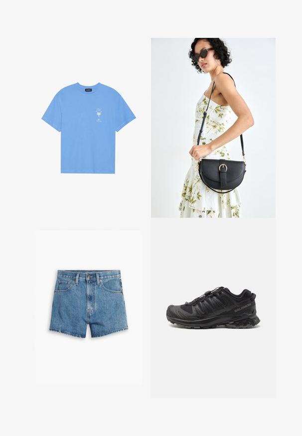 Lichtblauwe katoenen T-shirt met een ronde hals. Heeft een witte graphic van een palmboom en tekst op de linkerkant van de borst. Korte mouwen.; Lichtblauwe denimshorts met vijf zakken, een ritssluiting en een knoopsluiting. De zoom is rafelig en heeft een ontspannen pasvorm.; Zwarte trailrunning schoen met een gestructureerde bovenkant, gebogen ontwerp, een stevig vetersysteem en een robuuste rubberen loopzool voor grip.; Zwarte leren handtas met een gebogen vorm, afneembare schouderband en gouden hardware. De tas heeft een klep met een gespsluiting.