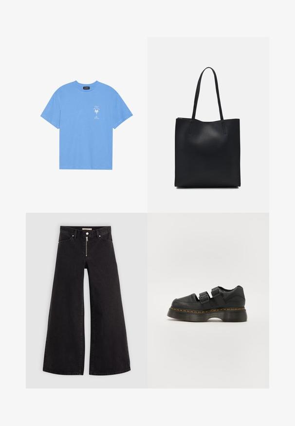 T-shirt de algodão azul claro com decote redondo. Apresenta uma gráfica branca de uma palmeira e texto na área do peito esquerdo. Mangas curtas.; Calças de ganga de perna larga em denim preto com fecho éclair à frente, design de cinco bolsos e detalhes de costura subtil. Textura suave e estilo casual.; Shoe de couro preto com duas correias ajustáveis com fivela, sola texturizada elevada e costura laranja visível ao longo da entressola.; Bolsa tote preta em couro com textura lisa, forma retangular e duas alças longas. Sem hardware ou enfeites visíveis.