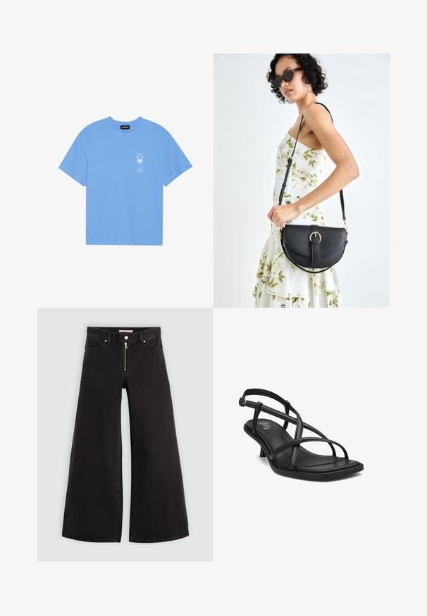 Camiseta de algodón de color azul claro con escote redondo. Presenta un gráfico en blanco de una palmera y texto en la parte izquierda del pecho. Mangas cortas.; Jeans de pierna ancha en denim negro con cierre frontal, diseño de cinco bolsillos y detalles de costura sutiles. Textura suave y estilo casual.; Sandalia slingback de cuero negro con múltiples tiras entrelazadas, punta cuadrada, tacón minimalista y plantilla de textura suave. Detalle de hebilla plateada.; Bolso de piel negra con forma curva, correa desmontable y herrajes dorados. El bolso cuenta con una solapa con un detalle de hebilla.