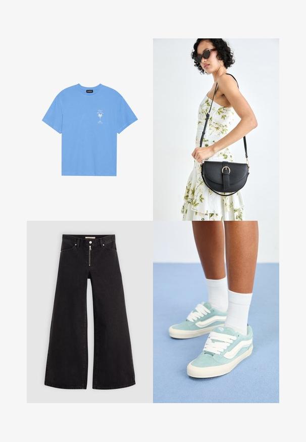 Tricou din bumbac de culoare albastru deschis, cu guler rotund. Prezintă o grafică albă a unei palmieri și text în zona stângă a pieptului. Mâneci scurte.; Jeans cu picioare largi din denim negru, cu fermoar în față, design cu cinci buzunare și detalii subtile de cusătură. Textură netedă și stil casual.; Tenisi din suede bleu deschis cu accente și șireturi albe. Vârf rotunjit cu un material superior texturat. Purtați cu șosete albe până la gleznă pe o suprafață albastră.; Geantă din piele neagră, cu o formă curbată, curea detașabilă și accesorii aurii. Geanta are un capac cu un detaliu tip cataramă.