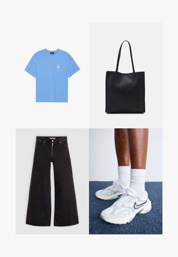 Ljusblå bomullströja med rund halsringning. Har en vit grafisk bild av en palm och text på den vänstra bröstområdet. Kortärmad.; Breda jeans i svart denim med dragkedja fram, femfickorsdesign och subtila sömdetaljer. Slät textur och avslappnad stil.; Nike Sportswear AL8 - Sneakers - white/metallic silver/black/sail/wolf grey/photon dust; Svart lädertoffelväska med slät textur, rektangulär form och två långa handtag. Ingen synlig hårdvara eller dekorationer.