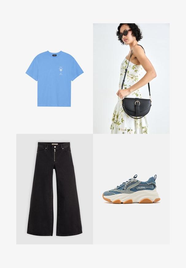Lichtblauwe katoenen T-shirt met een ronde hals. Heeft een witte graphic van een palmboom en tekst op de linkerkant van de borst. Korte mouwen.; Wijdvallende jeans van zwarte denim met een ritssluiting aan de voorkant, vijf zakken en subtiele stikdetails. Soepele textuur en casual stijl.; Denim sneaker met een gelaagd blauw ontwerp, versleten accenten, een witte chunky zool en een rubberen bruine buitenzool voor grip.; Zwarte leren handtas met een gebogen vorm, afneembare schouderband en gouden hardware. De tas heeft een klep met een gespsluiting.