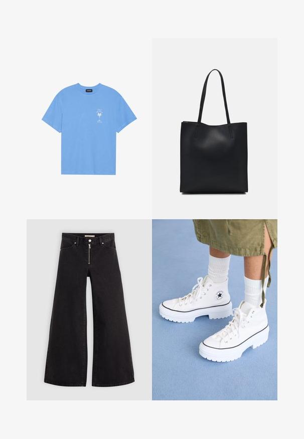 Lichtblauwe katoenen T-shirt met een ronde hals. Heeft een witte graphic van een palmboom en tekst op de linkerkant van de borst. Korte mouwen.; Wijdvallende jeans van zwarte denim met een ritssluiting aan de voorkant, vijf zakken en subtiele stikdetails. Soepele textuur en casual stijl.; Witte hoge sneakers met een gestructureerde canvas bovenkant, rubberen neuskap en dikke witte platformzool. Voorzien van zwarte accenten en veterogen.; Zwarte leren handtas met een gladde textuur, rechthoekige vorm en twee lange handvaten. Geen zichtbare hardware of versieringen.