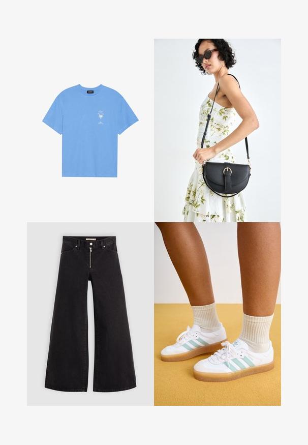 Světle modré bavlněné tričko s kulatým výstřihem. Na levé části hrudi je bílý grafický motiv palmy a text. Krátké rukávy.; Džíny s širokými nohavicemi v černém denimovém provedení se zipem vpředu, pěti kapsami a jemnými švy. Hladká textura a ležérní styl.; Bílé tenisky s mátově zelenými pruhy, guma podešví a tkaničkami, doplněné o zvlněné krémové ponožky. Na pozadí žluté barvy.; Černá kožená kabelka s křivkovým tvarem, odnímatelným popruhem a zlatými detaily. Kabelka má klopu s přezkou.