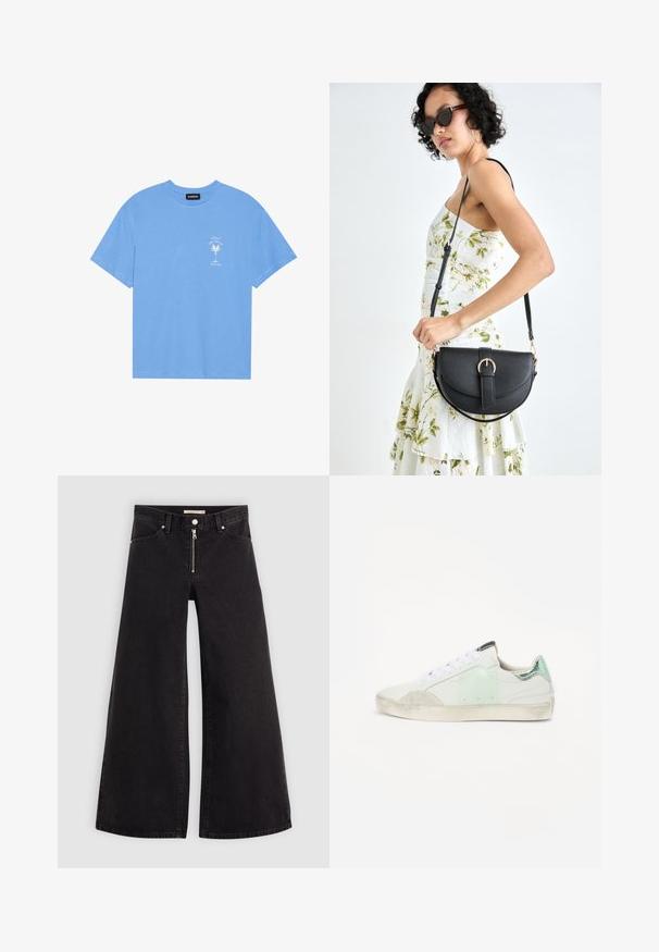 Svijetloplavi pamučni majica s okruglim izrezom. Sadrži bijelu grafiku palme i tekst na lijevoj strani prsa. Kratki rukavi.; Široke traperice od crnog denima s prednjim zatvaračem, dizajnom s pet džepova i suptilnim detaljima šivanja. Glatka tekstura i ležeran stil.; Bijele tenisice s naglascima u mint zelenoj i svijetlosivoj boji, teksturirana tkanina, gumeni potplat i bijele vezice. Blago istrošen izgled na prstima.; Crna kožna torba s lukovitim oblikom, odvojivim remenom i zlatnim detaljima. Torba ima preklop s kopčom.