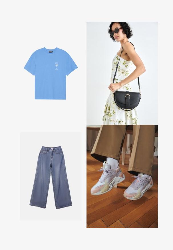Lyseblå bomulds t-shirt med rund halsudskæring. Har en hvid grafik af et palmetræ og tekst på venstre brystområde. Korte ærmer.; Bredde denim jeans i en lys blå vask, med høj talje, forlommer og knaplukning med bæltestropper.; Puma RS-X CANDY - Sneakers - white/spring lavender; Sort læderhåndtaske med en buet form, aftagelig rem og guldfinish. Tasken har en klap med en spænde detalje.