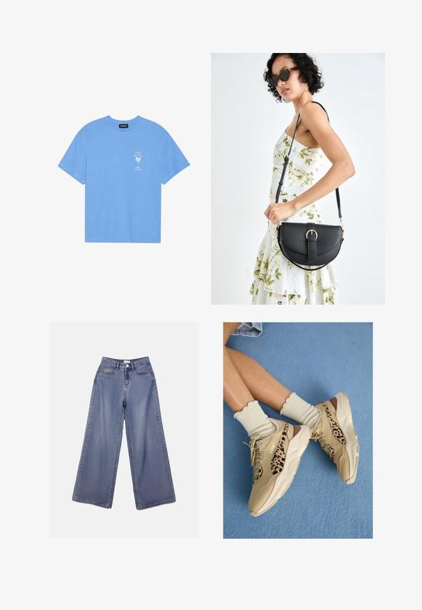 Heledad sinine puuvillane T-särk ümmarguse kaelusega. Vasakul rinnal on valge palmipuu ja tekst. Lühikesed varrukad.; Laia sinise pesu laiad teksad, millel on kõrge talje, ees taskud ja nööbilukuga vöörihmade jaoks.; Jalad ristatud, kandes beeže Puma tossusid, millel on leopardimustrilised triibud, ja volangidega kreemjad sokid sinisel vaibaga põrandal.; Mustmust mustraha kõverate joontega, eemaldatava rihmaga ja kuldsete detailidega. Kotil on klapp, millel on pandladetail.