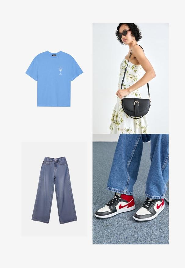 T-shirt de algodão azul claro com decote redondo. Apresenta uma gráfica branca de uma palmeira e texto na área do peito esquerdo. Mangas curtas.; Calças de ganga de perna larga numa lavagem azul clara, com uma cintura alta, bolsos frontais e fecho de botão com passadores para cinto.; Ténis de cano alto em preto, branco e vermelho com um upper de couro liso, bico arredondado e logótipo Swoosh em contraste. Usados com calças de ganga largas.; Bolsa de couro preta com forma curva, alça destacável e detalhes em dourado. A bolsa possui uma aba com detalhe de fivela.