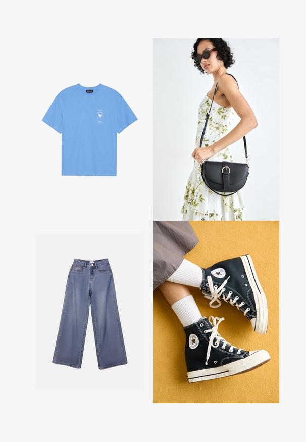 Lys blå bomull t-skjorte med rund hals. Har et hvitt grafisk motiv av et palmetre og tekst på venstre brystområde. Korte ermer.; Bredde ben jeans i lys blå vask, med høy livhøyde, frontlommer og knappelukking med beltehemper.; Sorte høyhælte kanvas sneakers med hvite snøringer og gummisåler, med en rund Converse All Star-logo på den ytre siden.; Svart lærveske med en buet form, avtagbar stropp og gullbeslag. Vesken har et klaff med spenne-detall.