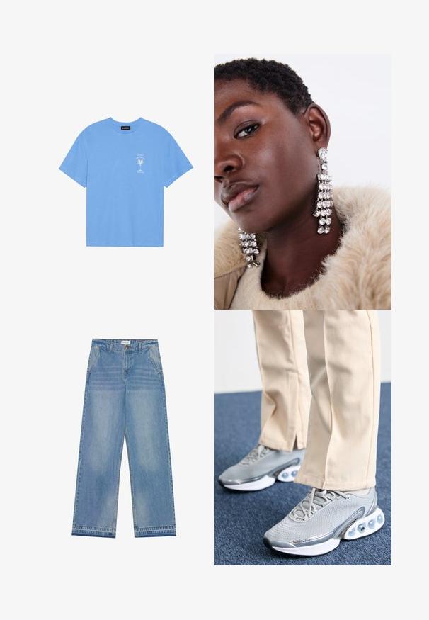 T-shirt de algodão azul claro com decote redondo. Apresenta uma gráfica branca de uma palmeira e texto na área do peito esquerdo. Mangas curtas.; Jeans de cintura alta, largura larga, em azul claro, com fecho de botão, bolsos frontais, passantes para cinto e detalhes de desbotamento sutis.; Ténis de atletismo cinzentos com parte superior em malha, bico arredondado e sola acolchoada; apresenta pequenas bolsas de ar na sola para suporte adicional.; Brincos de gota prateados com múltiplos strass transparentes, apresentando um design em cascata e superfícies texturizadas, contra um fundo neutro.