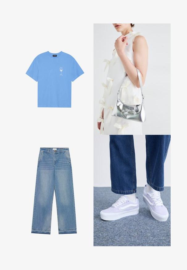 T-shirt di cotone blu chiaro con scollatura rotonda. Presenta una grafica bianca di una palma e testo sull'area sinistra del petto. Maniche corte.; Jeans a vita alta di colore blu chiaro, con gamba larga, chiusura a bottone, tasche anteriori, passanti per cintura e delicate sfumature sbiadite.; Sneakers in suede viola chiaro con accenti bianchi, lacci piatti e una suola spessa bianca, indossati con calzini chiari e pantaloni di jeans larghi.; Borsa a mano metallica argento con forma strutturata, dotata di manico superiore e dettaglio a fiocco sulla parte frontale. Texture liscia e finitura riflettente.