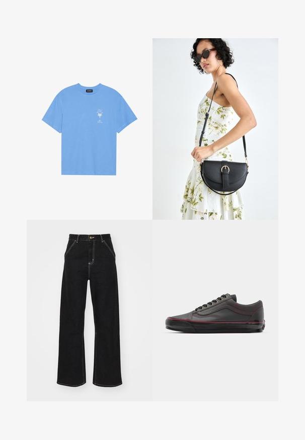 Helles, blaues Baumwoll-T-Shirt mit rundem Halsauschnitt. Verziert mit einem weißen Grafiken eines Palmenbaums und Text auf der linken Brustseite. Kurzärmlig.; Schwarze weit geschnittene Jeans aus Denim, mit kontrastierenden weißen Nähten und einem vorderen Knopfverschluss, ausgestattet mit zwei schrägen Fronttaschen.; Schwarze Ledersneaker mit burgunderfarbenen Akzenten, runder Zehenpartie, Schnürdesign, sichtbarer Naht und strukturiertem Gummisohle.; Schwarze Lederhandtasche mit geschwungener Form, abnehmbarem Tragegurt und goldenen Beschlägen. Die Tasche verfügt über einen Deckel mit einer Schnallen-Details.