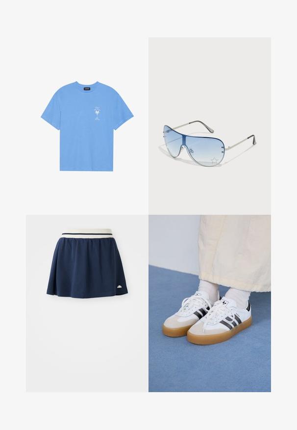Svetlo modra bombažna majica s krožnim izrezom. Na levi strani prsnega dela ima belo grafiko palme in besedilo. Kratke rokave.; Mornarsko modra krila, izdelana iz mehke tkanine, z belim elastikovim pasom, ki ima dve mornarsko modri črti in majhen logotip na spodnjem robu.; Bele tene škornje s črnimi črtami in bež usnjenimi detajli. Imajo teksturirano gumijasto podplat in ravne bele vezalke, nosijo se z svetlimi nogavicami.; Pilotne sončne očala z gradijentnimi modrimi lečami, srebrnim kovinskim okvirjem in okrasnimi zvezdastimi detajli na lečah. Gladek in eleganten dizajn.