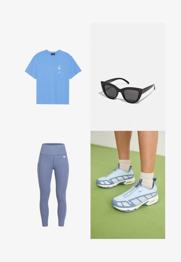 Helles, blaues Baumwoll-T-Shirt mit rundem Halsauschnitt. Verziert mit einem weißen Grafiken eines Palmenbaums und Text auf der linken Brustseite. Kurzärmlig.; Dehnbare, hochtaillierte Leggings aus einem weichen, blauen Stoff mit einer Seitentasche und dezenten Nahtdetails. Mit einem kleinen Logo am Bund.; Hellblaue Sportschuhe mit weißen Akzenten, strukturierten Bereichen und einem Reißverschluss. Sie verfügen über eine sichtbare Luftpolster-Sohle und eine Gummisohle.; Schwarze Cat-Eye-Sonnenbrille mit matter Oberfläche, grauen getönten Gläsern, scharfen Kanten und schlanken Bügeln. Der Markenname ist auf dem inneren Bügel sichtbar.