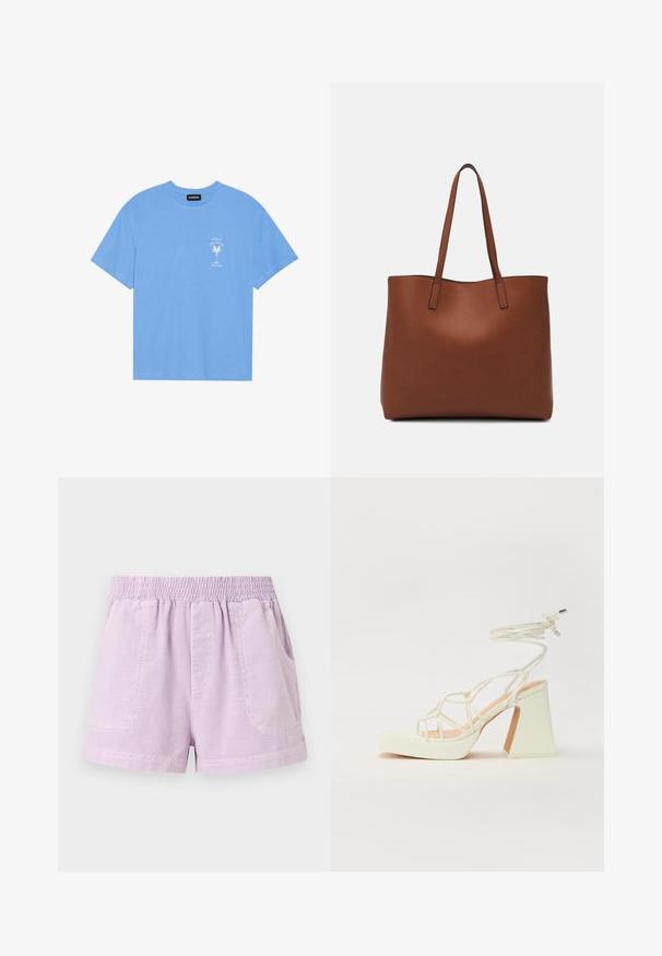 Világoskék pamut póló, lekerekített nyakkal. Az elülső bal mellrészen egy fehér pálmafát és szöveget ábrázoló grafikával rendelkezik. Rövid ujjak.; Levendula színű, könnyű anyagból készült rövidnadrág, rugalmas derékrésszel, két elülső zsebbel és laza szabással.; Fehér, magassarkú szandál vastag sarokkal, pántos dizájnnal és bokapánttal. Sima textúra, elülső platformmal a megnövelt magasság érdekében.; Barna bőr vászontáska sima textúrával, nyitott tetejű dizájnnal és két vállpánttal. Minimális varrással és látható hardver nélkül készült.