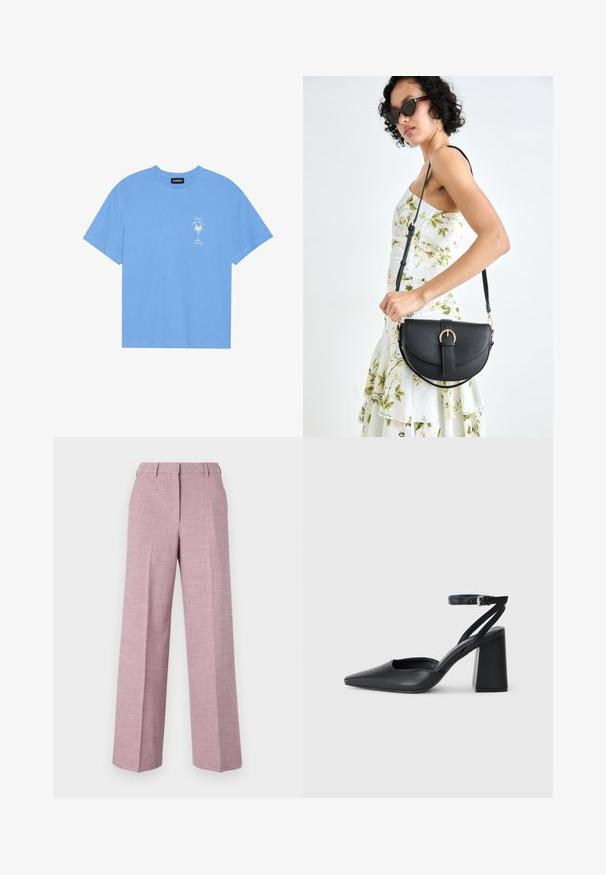 Helles, blaues Baumwoll-T-Shirt mit rundem Halsauschnitt. Verziert mit einem weißen Grafiken eines Palmenbaums und Text auf der linken Brustseite. Kurzärmlig.; Weite Hosen aus einem strukturierten hellrosa Stoff mit flachem Bund, dezenten Falten und einem klassischen Taillendesign.; Schwarze Leder-Pumps mit spitzer Zehe, einem Knöchelriemen und einem blockigen Absatz. Flache Textur, elegantes Design und minimalistische Ästhetik.; Schwarze Lederhandtasche mit geschwungener Form, abnehmbarem Tragegurt und goldenen Beschlägen. Die Tasche verfügt über einen Deckel mit einer Schnallen-Details.