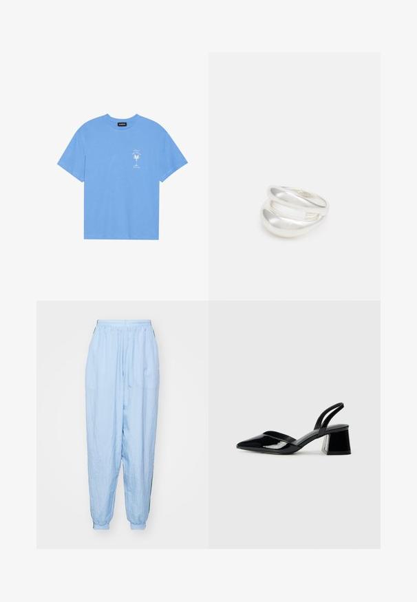 Gaiši zila kokvilnas T-kreklu ar apaļu apkakli. Kreklam ir balta grafika ar palmu un tekstu kreisajā krūtīs. Īsas piedurknes.; Gaiši zili, viegla auduma džinsi ar elastīgu jostu, elastīgām aprocēm, sānu kabatām un strukturētu virsmu. Melni sānu iestrādājumi.; Melna lakota āda ar atvērto papēdi, ar smailu purngalu un ģeometrisku blokpapēdi. Iezīmējas elegants, minimāls dizains un gluda tekstūra.; Sudraba divu joslu gredzens ar gludu, pulētu virsmu. Iezīmējas ar plūstošu, izliekta dizaina struktūru ar pārklājošām sekcijām modernam izskatam.