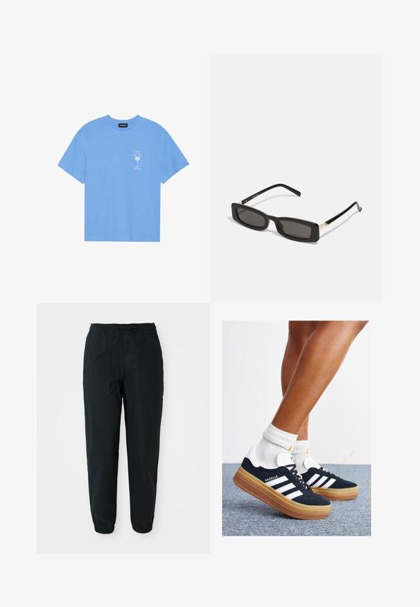 Tricou din bumbac de culoare albastru deschis, cu guler rotund. Prezintă o grafică albă a unei palmieri și text în zona stângă a pieptului. Mâneci scurte.; Pantaloni negri con croi con un material neted, cu un elastic la talie, șnur și buzunare laterale. Manșete elastice la glezne.; Adidași negri din piele întoarsă cu dungi și accente albe, vârf rotund, talpă de cauciuc gumă, asortați cu șosete albe cu model nervurat.; Ochelari de soare rectangulari negri cu lentile întunecate, rame din plastic lucios și accente aurii pe tample. Design minimalist și formă elegantă.