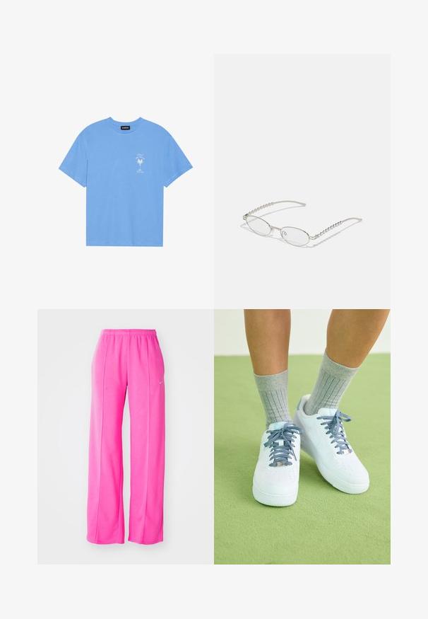 Svijetloplavi pamučni majica s okruglim izrezom. Sadrži bijelu grafiku palme i tekst na lijevoj strani prsa. Kratki rukavi.; Roze, široke, lagane trenirke s elastičnim pojasom i bočnim šavovima. Imaju mali logo blizu gornjeg lijevog natkoljenice.; Bijele kožne tenisice s plavim akcentima, perforiranim dizajnom na prstima i teksturiranim plavo-bijelim vezicama, nosene s tamnosivim rebrastim čarapama.; Ovalne naočale s metalnim srebrnim okvirom, prozirnim staklima i teksturiranim bisernim detaljima na krakovima. Lagani dizajn s zakrivljenim krakovima.