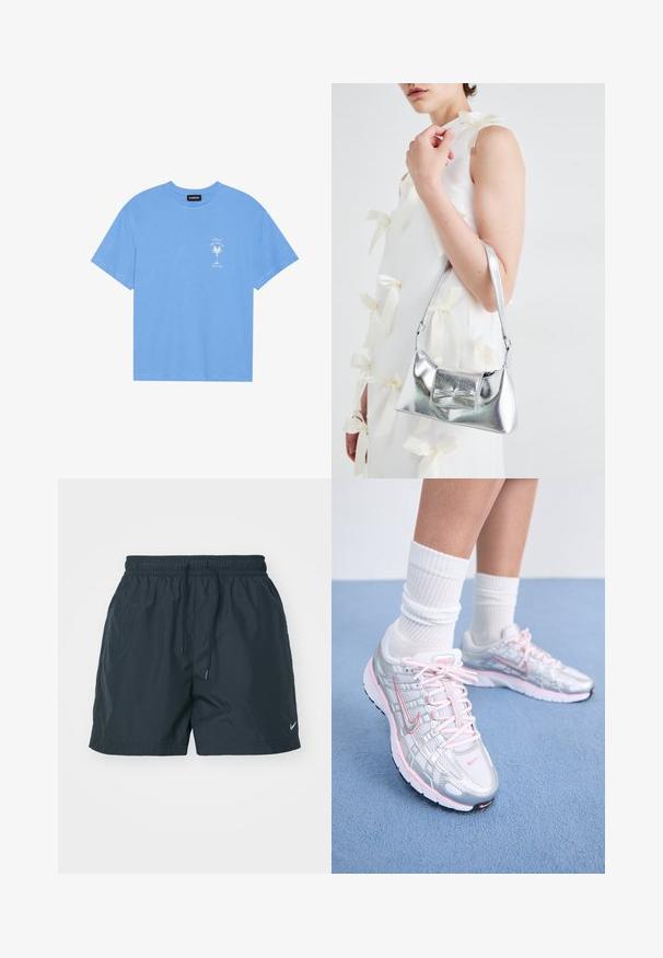 Lys blå bomull t-skjorte med rund hals. Har et hvitt grafisk motiv av et palmetre og tekst på venstre brystområde. Korte ermer.; Mørkeblå shorts med elastisk linning, snor i livet og sidelommer. Har Nike-logo i hvitt på venstre ben nederst. Lett materiale.; Nike løpesko med en sølvfarget mesh-overdel og rosa aksenter, hvite snørebånd og en teksturert såle. Brukt med hvite bomullstrømper for trening.; Sølvmetallisk håndveske med en strukturert form, med en topphåndtak og sløyfedetalj foran. Glatt tekstur, reflekterende overflate.
