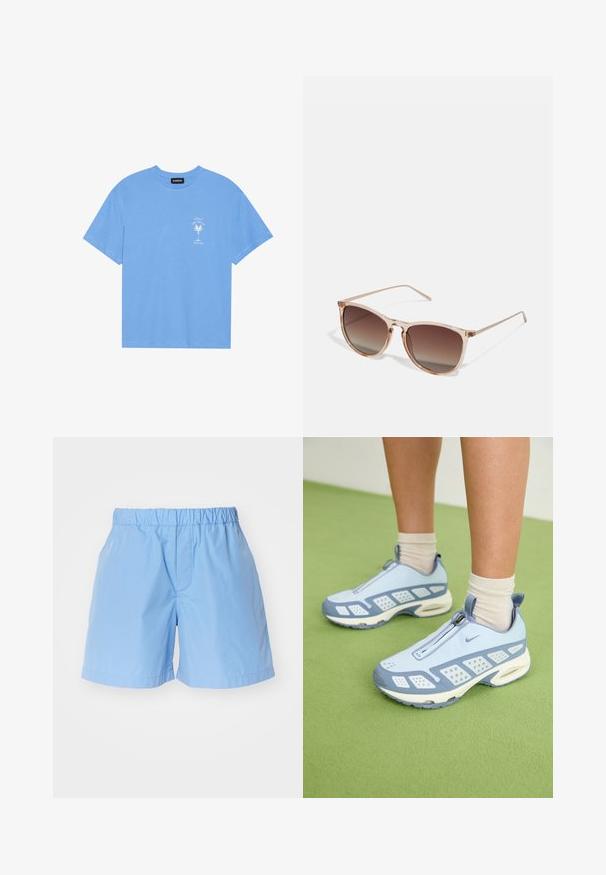 Šviesiai mėlyna medvilninė marškinėliai su apvaliu iškirpimu. Kairėje krūtinės pusėje pavaizduotas baltas palmės medžio grafikas ir tekstas. Trumpomis rankovėmis.; Šviesiai mėlynos medvilninės šortai su elastinga juostos, su paprastu dizainu ir subtiliu siuvinėjimu. Tinka kasdieniam dėvėjimui.; Šviesiai mėlynos sportinės batuokai su baltais akcentais, tekstūruotais paneliais ir užtrauktuku. Yra matoma oro amortizavimo padas ir guminis padas.; Rudi gradientiniai saulės akiniai su permatomu rožiniu rėmeliu, kvadratinės formos ir plonomis metalinėmis šakėmis. Yra su apvalintais kraštais ir minimaliais dekoratyviniais elementais.