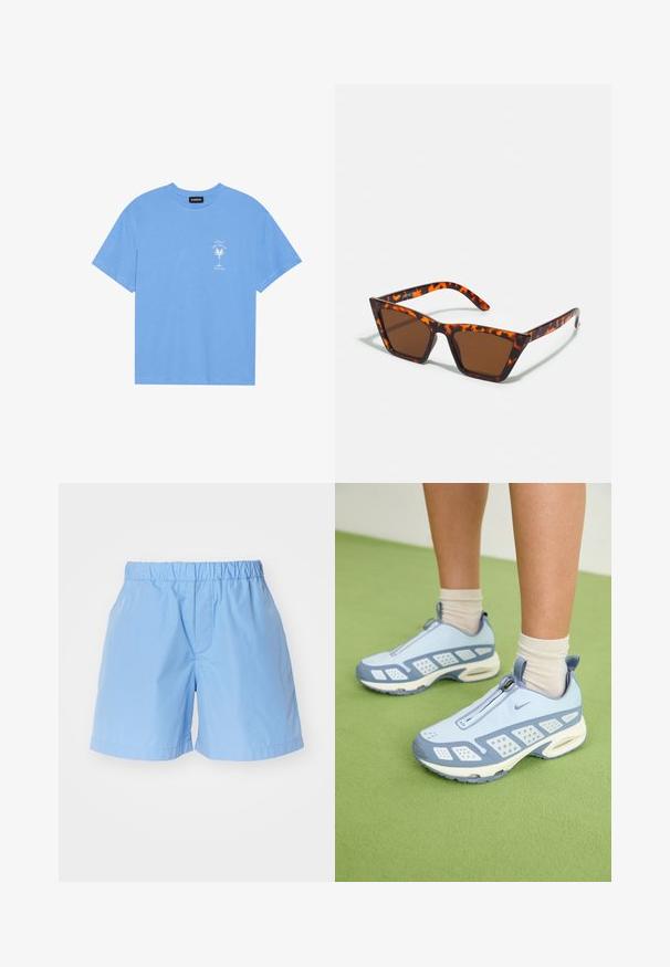 Gaiši zila kokvilnas T-kreklu ar apaļu apkakli. Kreklam ir balta grafika ar palmu un tekstu kreisajā krūtīs. Īsas piedurknes.; Gaiši zili kokvilnas šorti ar elastīgu jostasvietu, ar vienkāršu dizainu un smalku šūšanu. Piemēroti ikdienas valkāšanai.; Gaiši zili sporta apavi ar baltajiem akcentiem, teksturētām paneļiem un ar rāvējslēdzēja aizdari. Raksturīga redzama gaisa amortizācijas zole un gumijas zole.; Brūnas tintētas saulesbrilles ar bruņurupuču rakstu, stūra forma, un šaurām kājām. Viegls plastmasas materiāls.