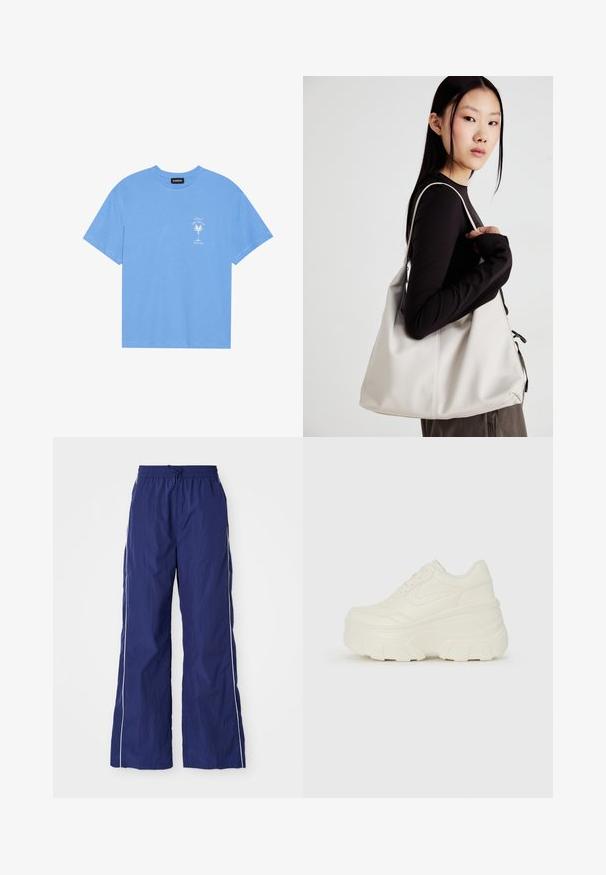 Svetlo modré bavlnené tričko s okrúhlym výstrihom. Na ľavej strane hrude sa nachádza biely grafický motív palmy a text. Krátke rukávy.; Námornícky modré, ľahké nohavice s širokými nohavicami, elastickým pásom a šnúrkou, so bielymi bočnými pruhmi a zvrásnenou textúrou.; Biele platformové tenisky s hladkým koženkovým svrchným materiálom, zaobleným tvarom, polstrovaným golierom a textúrovanou gumovou podrážkou s výrazným vzorom.; Béžová kabelka vyrobená z mäkkého materiálu, s uvoľneným dizajnom, prišitými detailmi a dvoma popruhmi na nosenie na pleciach. Vhodná na každodenné nosenie.