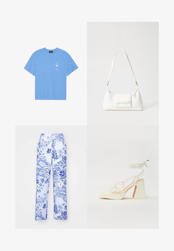 Gaiši zila kokvilnas T-kreklu ar apaļu apkakli. Kreklam ir balta grafika ar palmu un tekstu kreisajā krūtīs. Īsas piedurknes.; Baltas bikses ar zilu ziedu un ainavas rakstu, ar taisnu kāju dizainu un sānu kabatām. Audumam ir teksturēta apdare.; Baltas augstpapēžu sandales ar masīvu papēdi, ar siksnu dizainu un potītes saistītiem elementiem. Gluda tekstūra ar platformu priekšpusē, lai nodrošinātu papildu augstumu.; Balta sintētiska soma ar trīsstūrveida formu, plakanu priekšējo vāciņu un loku detaļu, regulējamu siksnu, gludu tekstūru un minimālistisku dizainu.