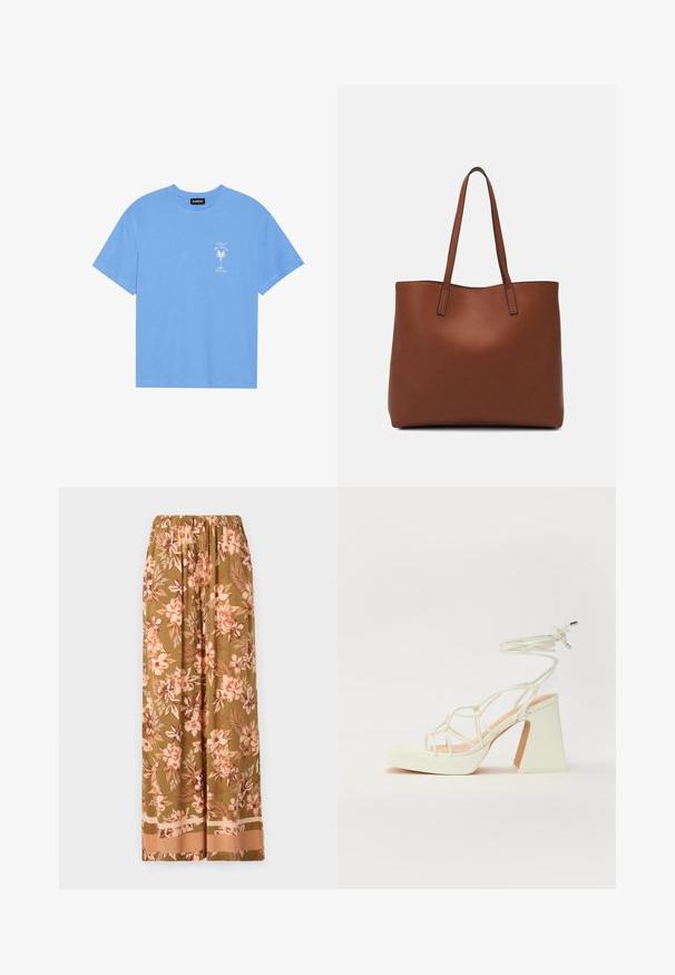 Svijetloplavi pamučni majica s okruglim izrezom. Sadrži bijelu grafiku palme i tekst na lijevoj strani prsa. Kratki rukavi.; Cvjetne hlače širokih nogavica u maslinastoj boji s uzorcima ružičastih i krem cvjetova. Imaju elastičnu traku u struku i kontrastni rub.; Bijela sandala na visokoj potpetici s debelim petom, s remenom i vezanjem oko gležnja. Glatka tekstura s platformom sprijeda za dodatnu visinu.; Smeđa kožna torba preko ramena s glatkom teksturom, otvorenim vrhom i dvjema naramenicama. Ima minimalne šavove i nema vidljivog hardvera.
