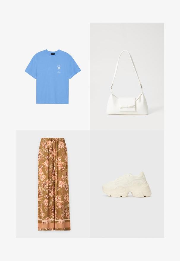 T-shirt en coton bleu clair avec un col rond. Présente un graphique blanc d'un palmier et un texte sur la zone supérieure gauche de la poitrine. Manches courtes.; Pantalons larges à fleurs en vert olive avec des motifs de fleurs roses et crème. Présentent une taille élastique et un ourlet contrasté.; Baskets blanches chunky en maille texturée et matériaux synthétiques, avec une semelle épaisse et des détails en motif complexes sur les côtés.; Sac à main synthétique blanc en forme triangulaire, avec un rabat avant plat et un détail en nœud, une bandoulière ajustable, une texture lisse et un design minimaliste.