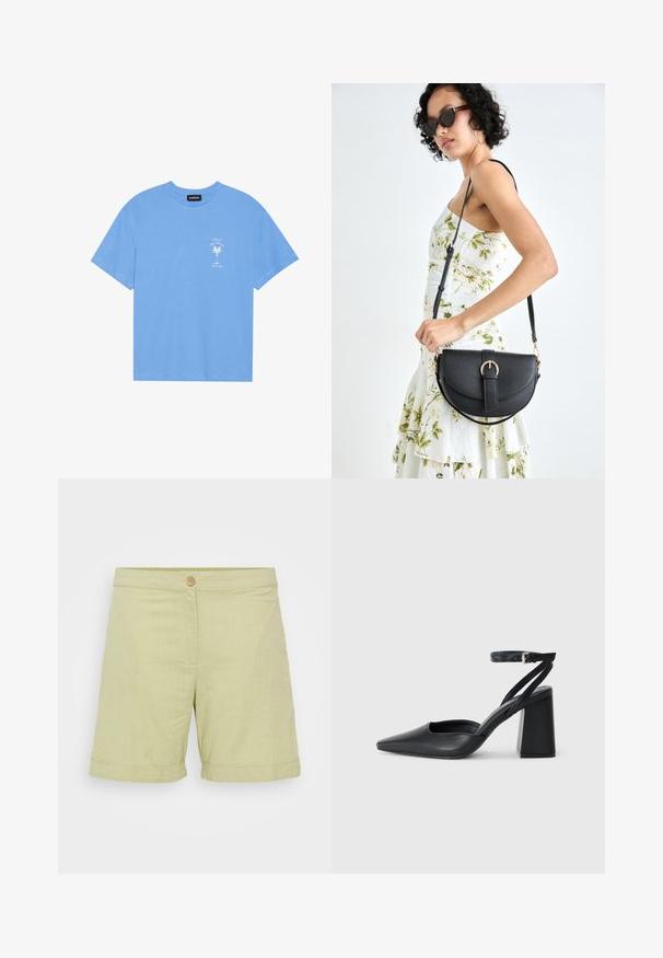 Svetlo modré bavlnené tričko s okrúhlym výstrihom. Na ľavej strane hrude sa nachádza biely grafický motív palmy a text. Krátke rukávy.; Svetlozelené ľanové šortky s gombíkovým zapínaním, hladkou textúrou, založenými lemami a jednoduchým, rovno strihaným dizajnom.; Čierne kožené lodičky s špicatou špičkou a členkovým remienkom, s masívnym podpätkom. Hladký povrch, elegantný dizajn a minimalistická estetika.; Čierna kožená kabelka s zaobleným tvarom, odnímateľným popruhom a zlatými doplnkami. Kabelka má klopu s detailom s prackou.