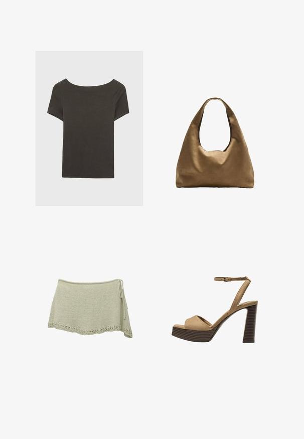 Top corto grigio scuro con scollatura a barca. Realizzato in tessuto a costine, presenta una vestibilità rilassata e un orlo pulito. Design semplice, senza motivi.; Gonna a maglia di colore verde chiaro con orlo in pizzo scallop, cordino regolabile sul lato e tessuto testurizzato.; Sandali con tacco alto in suede beige, con una larga fascetta anteriore e una fascetta alla caviglia, dotati di un tacco blocco in legno spesso con una finitura testurizzata.; Borsa a spalla in tessuto marrone con un corpo ampio e arrotondato e una grande maniglia a taglio. Texture morbida, design minimalista e senza hardware visibile.