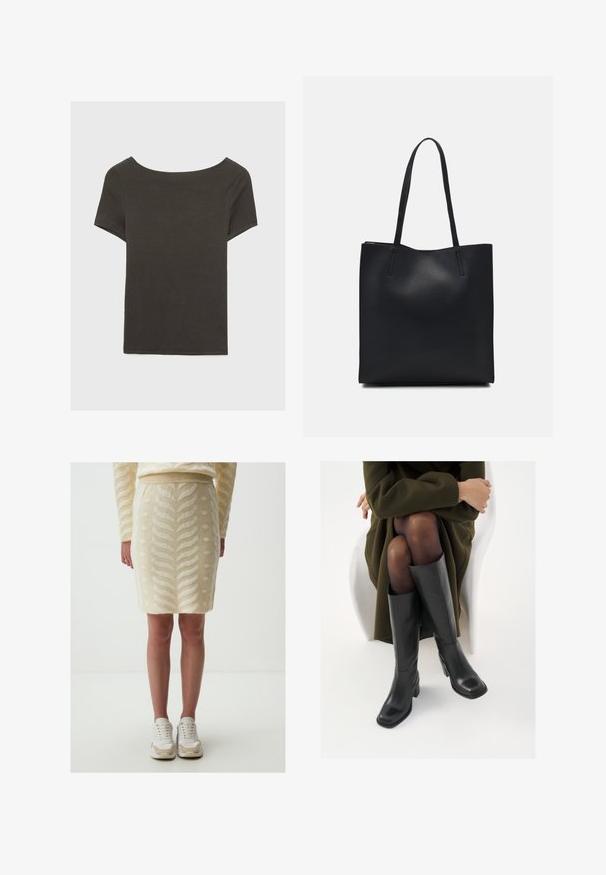 Haut à manches courtes gris foncé avec un col bateau. Fabriqué en tissu côtelé, il présente une coupe décontractée et un ourlet propre. Design simple, sans motifs.; Jupe crayon en tricot de couleur crème clair avec un motif texturé de feuilles et de points, présentant une silhouette ajustée et un ourlet incurvé, associée à des baskets blanches.; Bottes en cuir noires arrivant au genou, avec un bout carré et un talon carré, présentées sur un modèle assis dans un manteau vert olive. Texture lisse, détails minimaux.; Sac fourre-tout en cuir noir avec une texture lisse, de forme rectangulaire et deux longues poignées. Pas de matériel ou d'ornementations visibles.