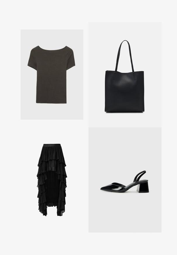 Temno siva kratka majica s čolnasto izrezom. Narejena iz rebraste tkanine, ki ima sproščen kroj in čist rob. Preprost dizajn, brez vzorcev.; Črna maksi krilo s tiered oblikovanjem, izdelano iz lahkega materiala, ki ima širok pas in asimetričen rob.; Črne lakirane slingback pete s koničastim nosom in geometrijsko blokasto peto. Imajo eleganten, minimalističen dizajn in gladko teksturo.; Črna usnjena torba s svilnato teksturo, pravokotne oblike in dvema dolgima ročajema. Brez vidnih metalnih delov ali okrasnih elementov.