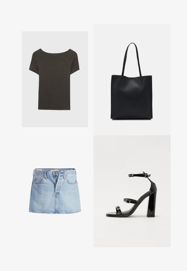 Haut à manches courtes gris foncé avec un col bateau. Fabriqué en tissu côtelé, il présente une coupe décontractée et un ourlet propre. Design simple, sans motifs.; Jupe en denim bleu clair avec une taille ajustée, design à cinq poches, fermeture à boutons à l'avant et légères décolorations sur l'ensemble du tissu.; Sandales à talons vernies noires avec un bout carré, des sangles autour de la cheville et des boucles en argent. Dotées d'un talon bloc épais pour plus de stabilité.; Sac fourre-tout en cuir noir avec une texture lisse, de forme rectangulaire et deux longues poignées. Pas de matériel ou d'ornementations visibles.