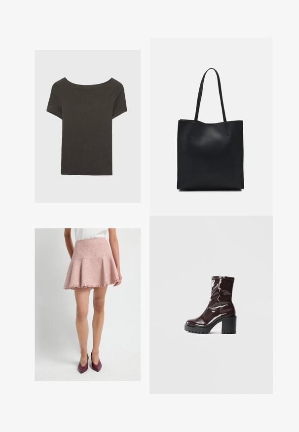 Dunkelgraues Kurzarmoberteil mit Bootsausschnitt. Hergestellt aus geripptem Stoff, mit lockerer Passform und sauberem Saum. Einfaches Design, ohne Muster.; Hellrosa, strukturierter, ausgestellter Rock mit einem fransigen Saum. Hergestellt aus gewebtem Stoff, verfügt über einen hohen Taillenbund. Stylisch kombiniert mit burgunderfarbenen Heels.; Glatte bordeauxrote Ankle Boots mit einem klobigen schwarzen Absatz, die eine glatte Oberfläche und ein einfaches Design aufweisen. Keine sichtbaren Verschlüsse oder Muster.; Schwarze Laptoptasche aus Leder mit glatter Textur, rechteckiger Form und zwei langen Griffen. Keine sichtbaren Beschläge oder Verzierungen.