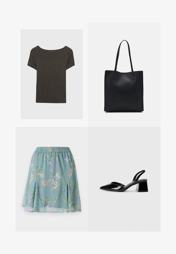 Temno siva kratka majica s čolnasto izrezom. Narejena iz rebraste tkanine, ki ima sproščen kroj in čist rob. Preprost dizajn, brez vzorcev.; Zračna svetlo modra krila z cvetličnim vzorcem v odtenkih vijolične, oranžne in zelene; elastičen pas; bočni razpoki na robu.; Črne lakirane slingback pete s koničastim nosom in geometrijsko blokasto peto. Imajo eleganten, minimalističen dizajn in gladko teksturo.; Črna usnjena torba s svilnato teksturo, pravokotne oblike in dvema dolgima ročajema. Brez vidnih metalnih delov ali okrasnih elementov.