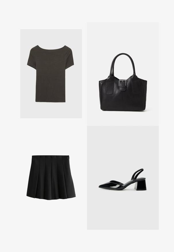 Top corto grigio scuro con scollatura a barca. Realizzato in tessuto a costine, presenta una vestibilità rilassata e un orlo pulito. Design semplice, senza motivi.; Gonna mini plissettata nera con vita liscia e pieghe a scatola invertite strutturate, isolata su sfondo bianco.; Décolleté in vernice nera con punta affusolata e tacco in geometria cubica. Presentano un design elegante e minimalista, con una texture liscia.; Borsa tote in pelle nera con texture liscia, forma strutturata, due manici e un evidente dettaglio in fibbia argentata sul davanti.