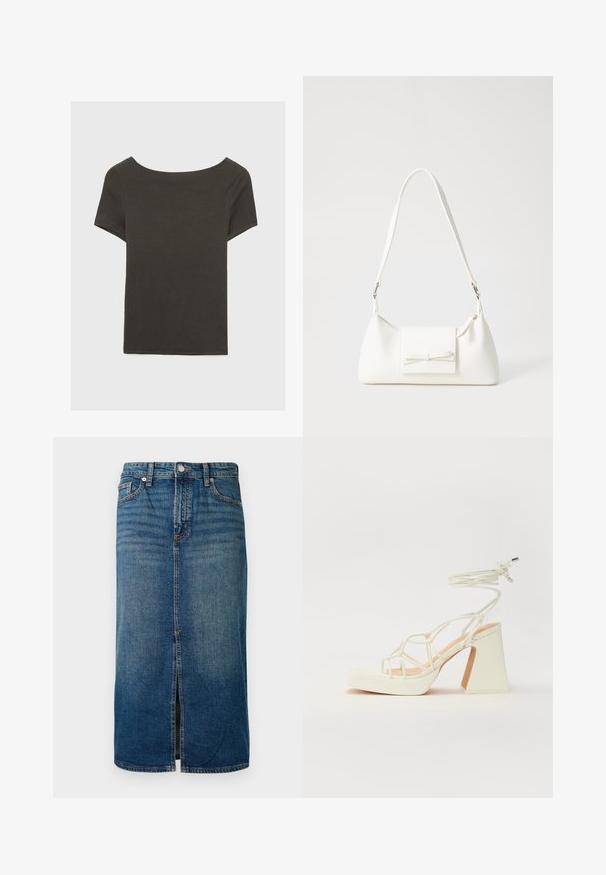 Dunkelgraues Kurzarmoberteil mit Bootsausschnitt. Hergestellt aus geripptem Stoff, mit lockerer Passform und sauberem Saum. Einfaches Design, ohne Muster.; Dunkelblaue Denim-Midi-Rock mit einem Schlitz vorne, fünf Taschen und kontrastierenden Nähten. Verfügt über einen Knopf- und Reißverschlussverschluss an der Taille.; Weiße High-Heel-Sandale mit einem klobigen Absatz, die über ein Riemchendesign und ein Knöchelband verfügt. Glatte Textur mit einer Plattform vorne für zusätzliche Höhe.; Weiße synthetische Handtasche in dreieckiger Form, flache Vorderklappe und Schleifendetail, verstellbarer Trageriemen, glatte Textur und minimalistisches Design.