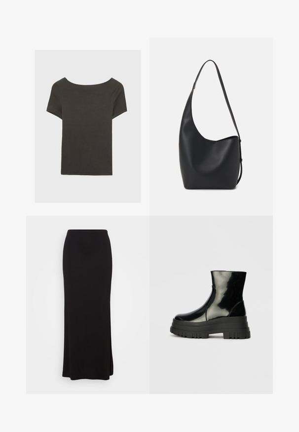 Temno siva kratka majica s čolnasto izrezom. Narejena iz rebraste tkanine, ki ima sproščen kroj in čist rob. Preprost dizajn, brez vzorcev.; Črna midi krila, izdelana iz gladkega, elastičnega materiala, z oprijetim pasom in ravno silhueto, ki ima stranski razporek za lažje gibanje.; Črne sijajne gležnjarje z debelim profilom podplata in zaobljenim nosom, stranski pogled na enostavni svetlo sivi ozadju.; Črna usnjena hobo torba z gladko teksturo, ukrivljeno obliko in eno nastavljivo naramnico; ima širok odprtina na vrhu.