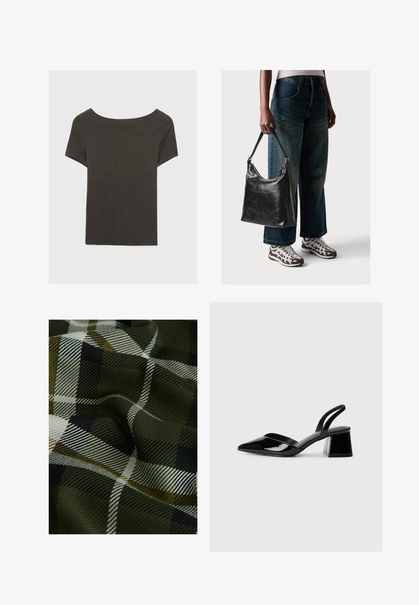 Haut à manches courtes gris foncé avec un col bateau. Fabriqué en tissu côtelé, il présente une coupe décontractée et un ourlet propre. Design simple, sans motifs.; Tissu à carreaux tissé présentant des couleurs vert foncé, noir et blanc. La texture est lisse avec une finition douce et à motifs.; Escarpins en cuir verni noir avec bout pointu et talon bloc géométrique. Présente un design élégant et minimaliste ainsi qu'une texture lisse.; Sac à bandoulière en cuir noir avec une texture lisse et une bandoulière réglable, associé à un jean ample décoloré et des baskets de sport.