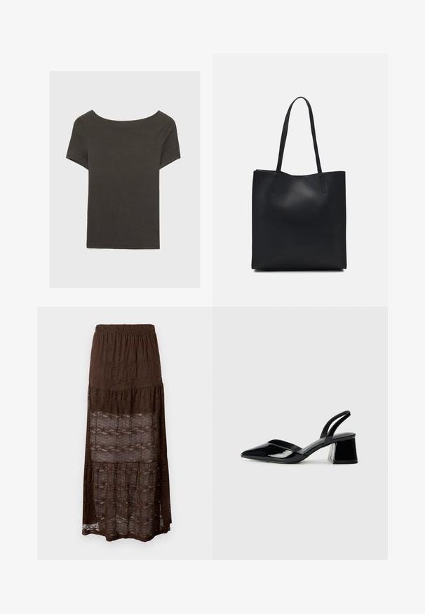 Tmavošedý top s krátkym rukávom a lodičkovým výstrihom. Vyrobený z rebrovanej látky, s voľným strihom a čistým lemovaním. Jednoduchý dizajn, bez vzorov.; Hnedá maxi sukňa z čipky s tiered dizajnom, ktorá má smockovanú pása a vlnité vzory po celom materiáli. Ľahká a polo-priehľadná.; Čierne lakované kožené sandálové podpätky s špicatou špičkou a geometrickým blokovým podpätkom. Disponujú elegantným, minimalistickým dizajnom a hladkým povrchom.; Čierna kožená taška na rameno s hladkým povrchom, obdĺžnikovým tvarom a dvoma dlhými uchami. Bez viditeľného kovania alebo ozdôb.
