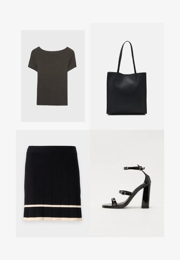 Haut à manches courtes gris foncé avec un col bateau. Fabriqué en tissu côtelé, il présente une coupe décontractée et un ourlet propre. Design simple, sans motifs.; Jupe noire en tricot avec des côtes verticales, présentant une bande crémeuse contrastante au bas de l'ourlet. Taille élastique. Design classique.; Sandales à talons vernies noires avec un bout carré, des sangles autour de la cheville et des boucles en argent. Dotées d'un talon bloc épais pour plus de stabilité.; Sac fourre-tout en cuir noir avec une texture lisse, de forme rectangulaire et deux longues poignées. Pas de matériel ou d'ornementations visibles.