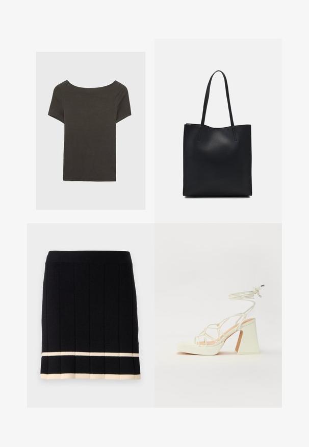 Temno siva kratka majica s čolnasto izrezom. Narejena iz rebraste tkanine, ki ima sproščen kroj in čist rob. Preprost dizajn, brez vzorcev.; Črna pletena krila z navpičnim rebrastim vzorcem, s kontrastno kremasto črto na spodnjem robu. Elastičen pas. Klasična zasnova.; Bela sandala na visokih petah s debelim petam, ki ima obliko trakcev in vezanje okoli gležnja. Gladka tekstura z platformo spredaj za dodatno višino.; Črna usnjena torba s svilnato teksturo, pravokotne oblike in dvema dolgima ročajema. Brez vidnih metalnih delov ali okrasnih elementov.