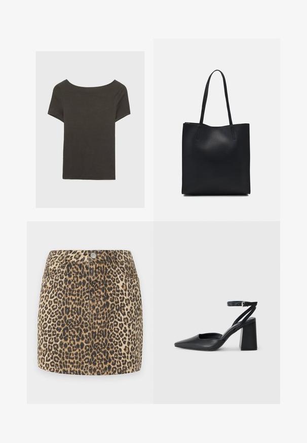 Temno siva kratka majica s čolnasto izrezom. Narejena iz rebraste tkanine, ki ima sproščen kroj in čist rob. Preprost dizajn, brez vzorcev.; Kratka iz jeansa v leopardjem vzorcu s prilegajočim dizajnom, zapiranjem na gumb in petimi žepi. Ima teksturirano blago v svetlo rjavi in črni barvi.; Črne usnjene klasične čevlje z ostrim nosom, z zaponko za gleženj in debelim peto. Ravna tekstura, eleganten dizajn in minimalistična estetika.; Črna usnjena torba s svilnato teksturo, pravokotne oblike in dvema dolgima ročajema. Brez vidnih metalnih delov ali okrasnih elementov.