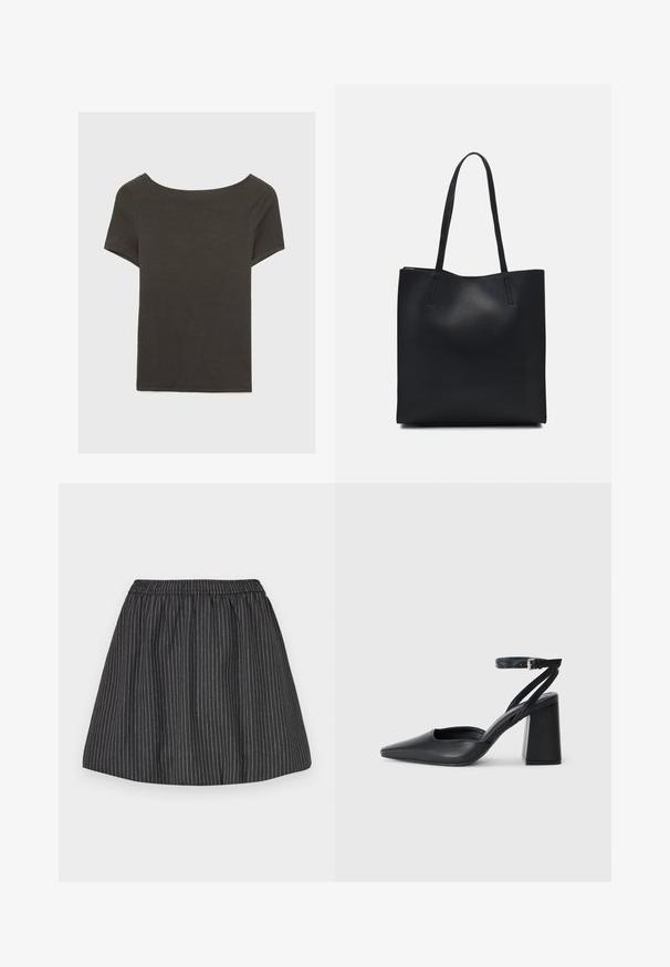 Temno siva kratka majica s čolnasto izrezom. Narejena iz rebraste tkanine, ki ima sproščen kroj in čist rob. Preprost dizajn, brez vzorcev.; Črna črtasta krila z elastičnim pasom, z navpičnimi belimi črticami, razširjenim dizajnom in gladko teksturo. Primerna za sproščeno nošenje.; Črne usnjene klasične čevlje z ostrim nosom, z zaponko za gleženj in debelim peto. Ravna tekstura, eleganten dizajn in minimalistična estetika.; Črna usnjena torba s svilnato teksturo, pravokotne oblike in dvema dolgima ročajema. Brez vidnih metalnih delov ali okrasnih elementov.