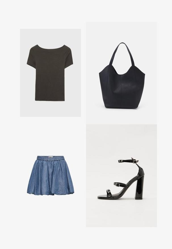 Temno siva kratka majica s čolnasto izrezom. Narejena iz rebraste tkanine, ki ima sproščen kroj in čist rob. Preprost dizajn, brez vzorcev.; Jeanskrilo z elastičnim pasom, razširjenim oblikom in svetlo modro barvo. Ima gladko teksturo in nabran material.; Črne lakirane sandale s peto, kvadratnim prstom, trakovi okrog gležnja in srebrnimi zaponkami. Opremljene so s stabilno Debelo peto.; Črna torba v obliki tote iz gladke usnjene površine, ki ima ukrivljen odprt vrh z dvema naramnicama in minimalističnim dizajnom.