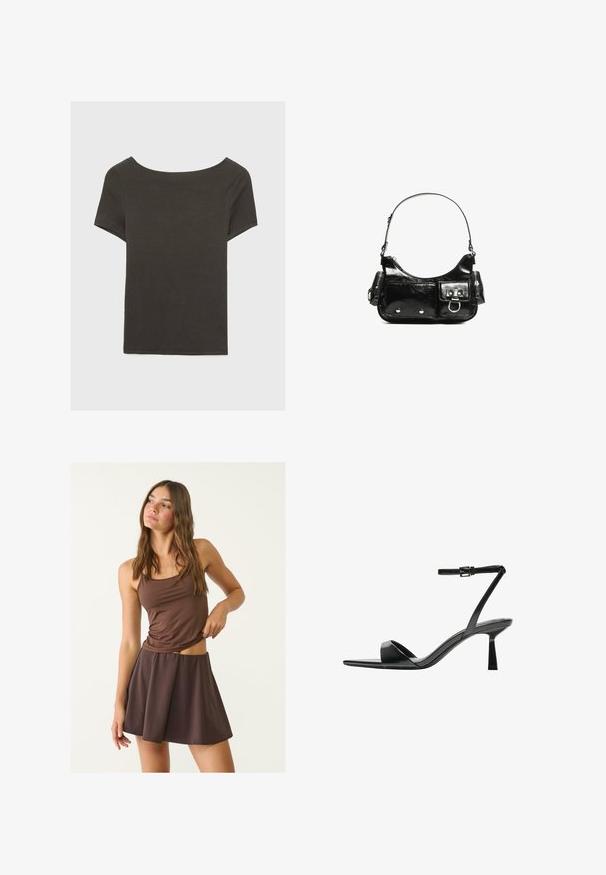 Top corto grigio scuro con scollatura a barca. Realizzato in tessuto a costine, presenta una vestibilità rilassata e un orlo pulito. Design semplice, senza motivi.; Canotta marrone e gonna a campana coordinata, realizzata in tessuto morbido e leggero. La canotta presenta spalline sottili e una silhouette aderente.; Bershka Sandali con tacco - black; Borsa a spalla in vernice nera con forma curvata, una tracolla, tasche frontali e dettagli in metallo argentato.