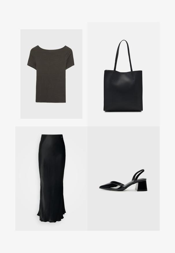 Tamno sivi kratki rukav s izrezom u obliku čamca. Izrađen od rebrastog materijala, s opuštenim krojem i ravnim rubom. Jednostavan dizajn, bez uzoraka.; Mos Mosh GLOSSI SKIRT - Velika suknja - black; Crne lakirane kožne sandale s otvorenom petom i špicastim vrhom, s geometrijskom blok petom. Imaju elegantan, minimalistički dizajn i glatku teksturu.; Crna kožna torba za nošenje s glatkom teksturom, pravokutnim oblikom i dvije duge ručke. Nema vidljivih metalnih dijelova ili ukrasa.
